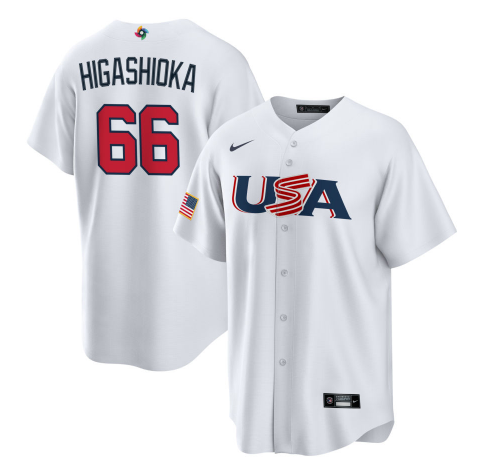 Men's USA Baseball #66 Kyle Higashioka 2023 White World Baseball Classic Replica Stitched Jersey